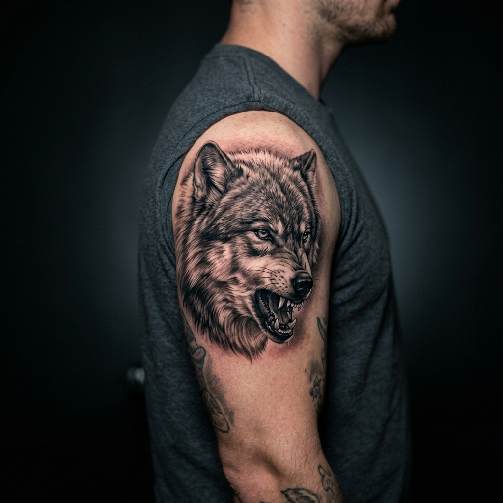 Black & Grey Tattoo — realistischer Wolf mit detailliertem Fell