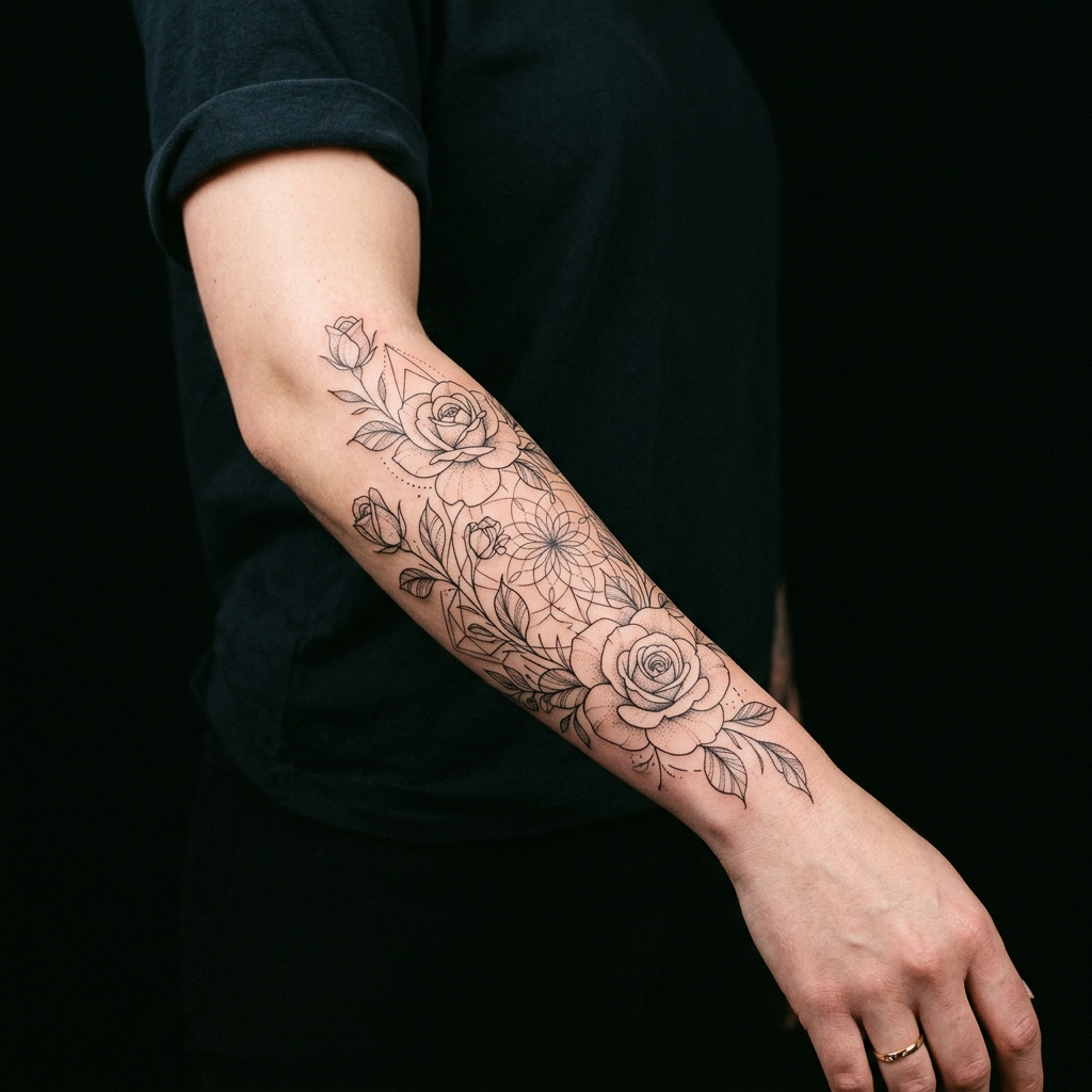 Fineline Tattoo — botanische Rosen und geometrische Muster