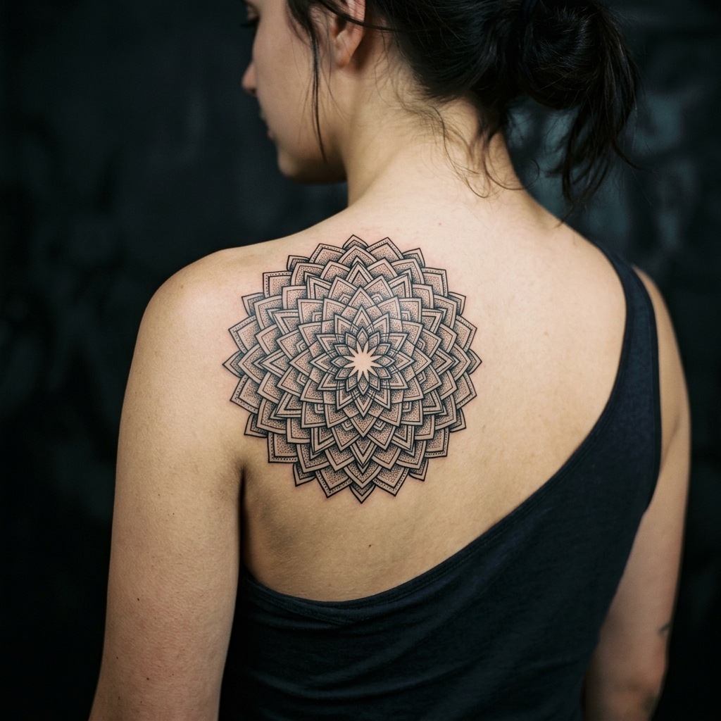 Geometric Mandala Tattoo — Dotwork auf der Schulter