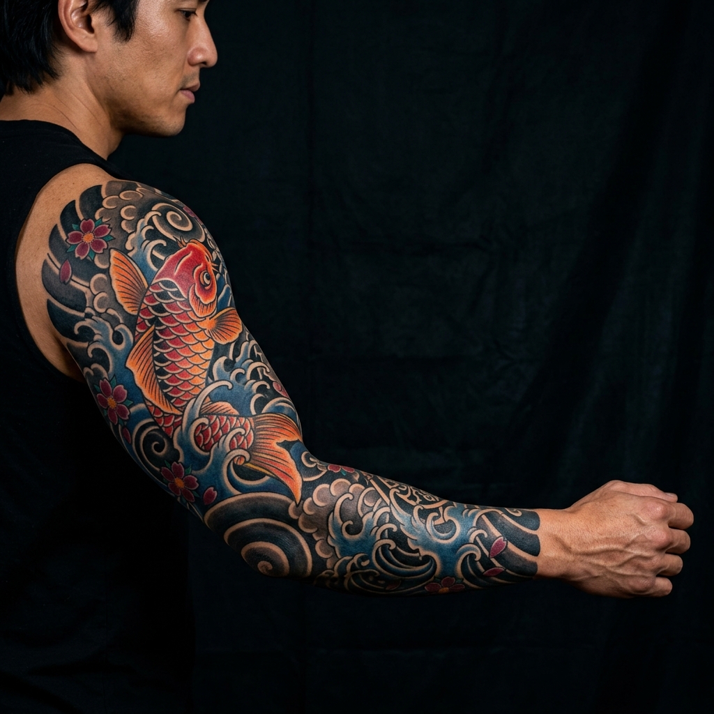 Japanese Tattoo — Koi-Sleeve mit Wellen und traditionellen Motiven