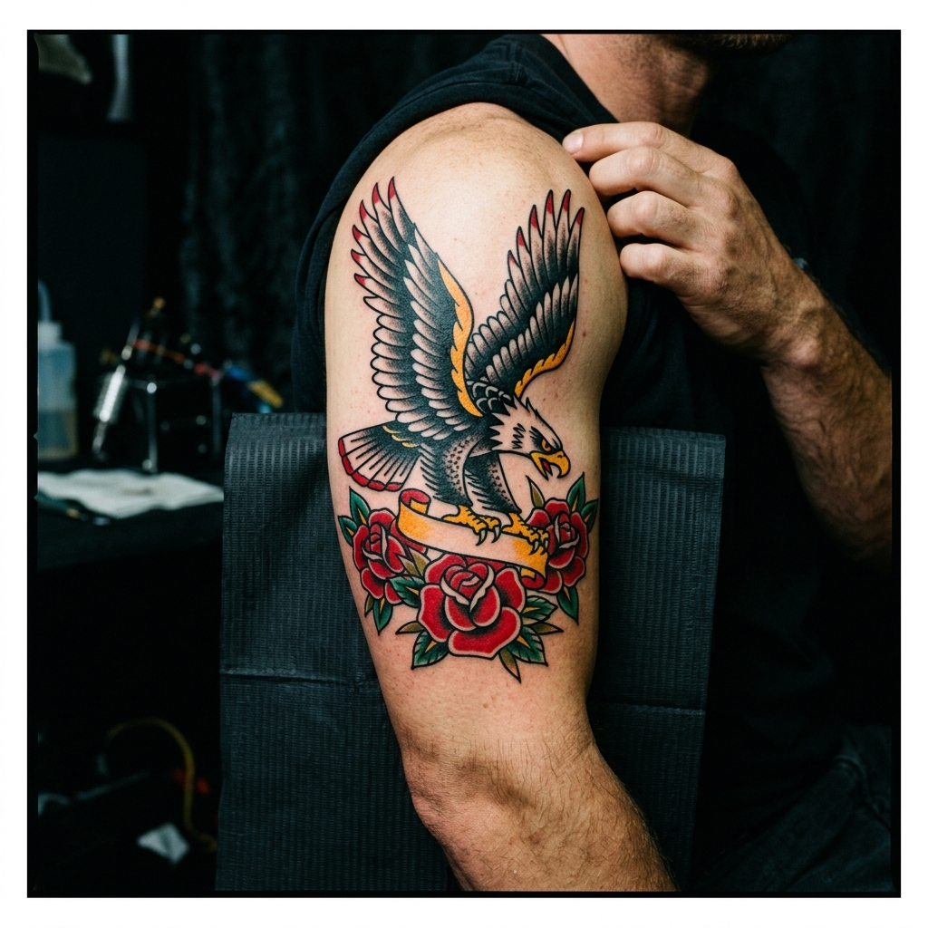 Oldschool Tattoo — amerikanischer Adler im Traditional-Stil